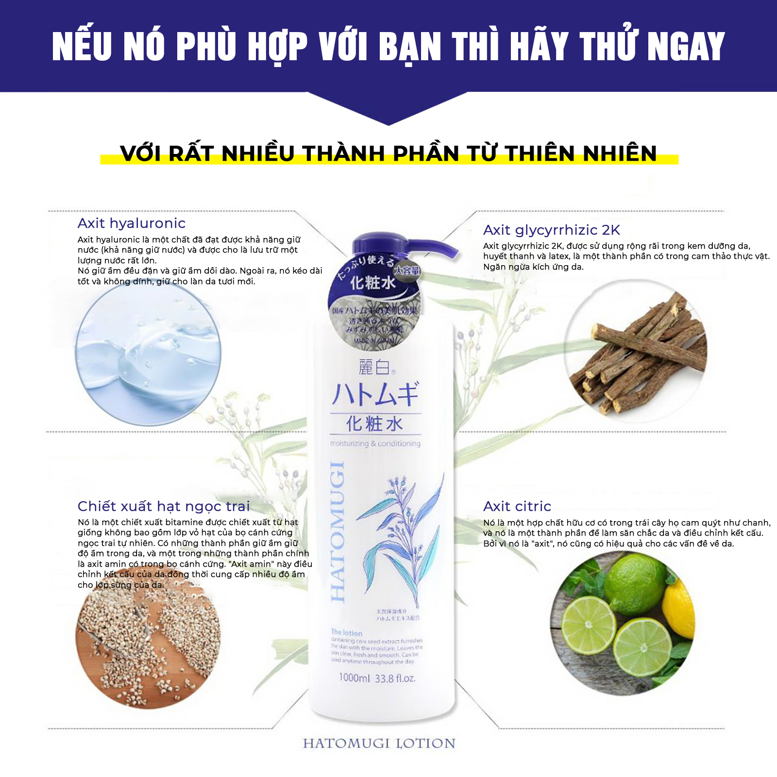 Nước Hoa Hồng Naturie Hatomugi Skin Conditioner 500ml Ý Dỹ - Nhật Bản
