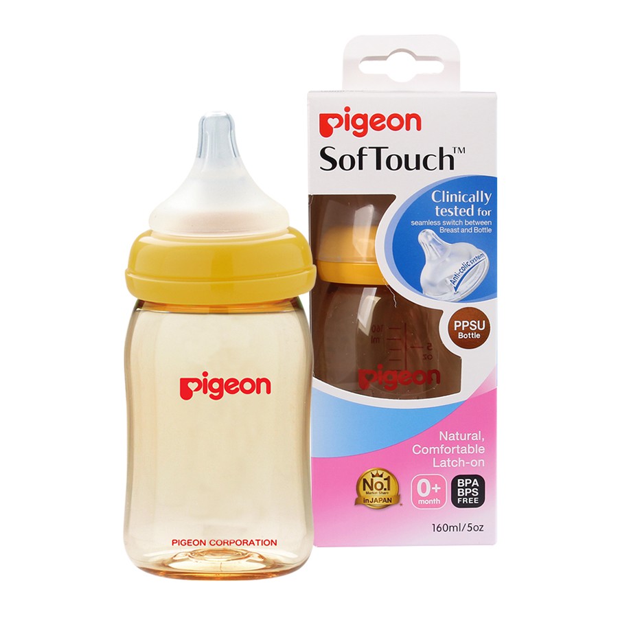 Bình sữa Pigeon 160ml màu vàng chanh (Sứ - Nhựa)