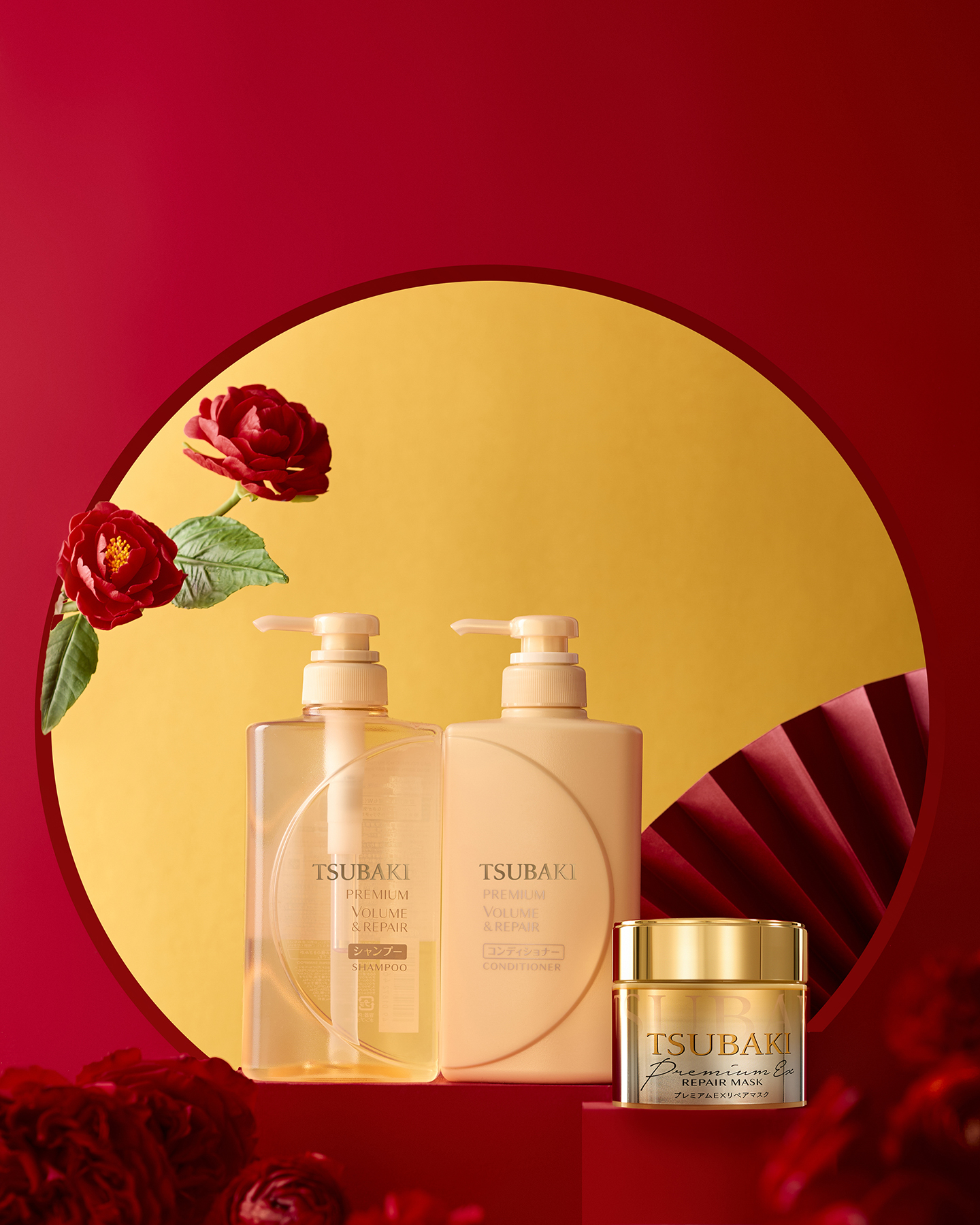 Cặp gội - xả Tsubaki Premium ngăn ngừa rụng tóc 490ml (màu vàng)