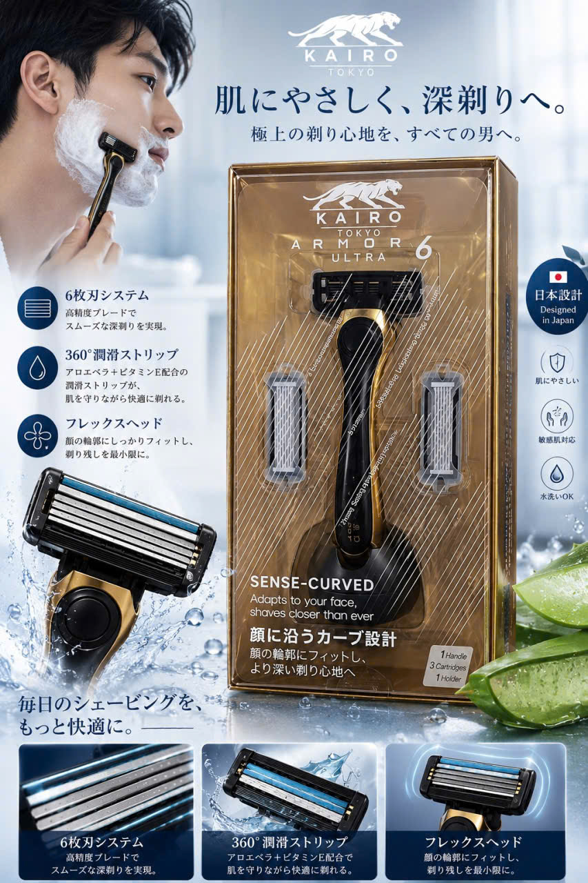Dao Cạo Râu 6 Lưỡi KAIRO TOKYO ARMOR ULTRA 6 – Cạo Sát, Êm Ái, Chuẩn Công Nghệ Nhật Bản