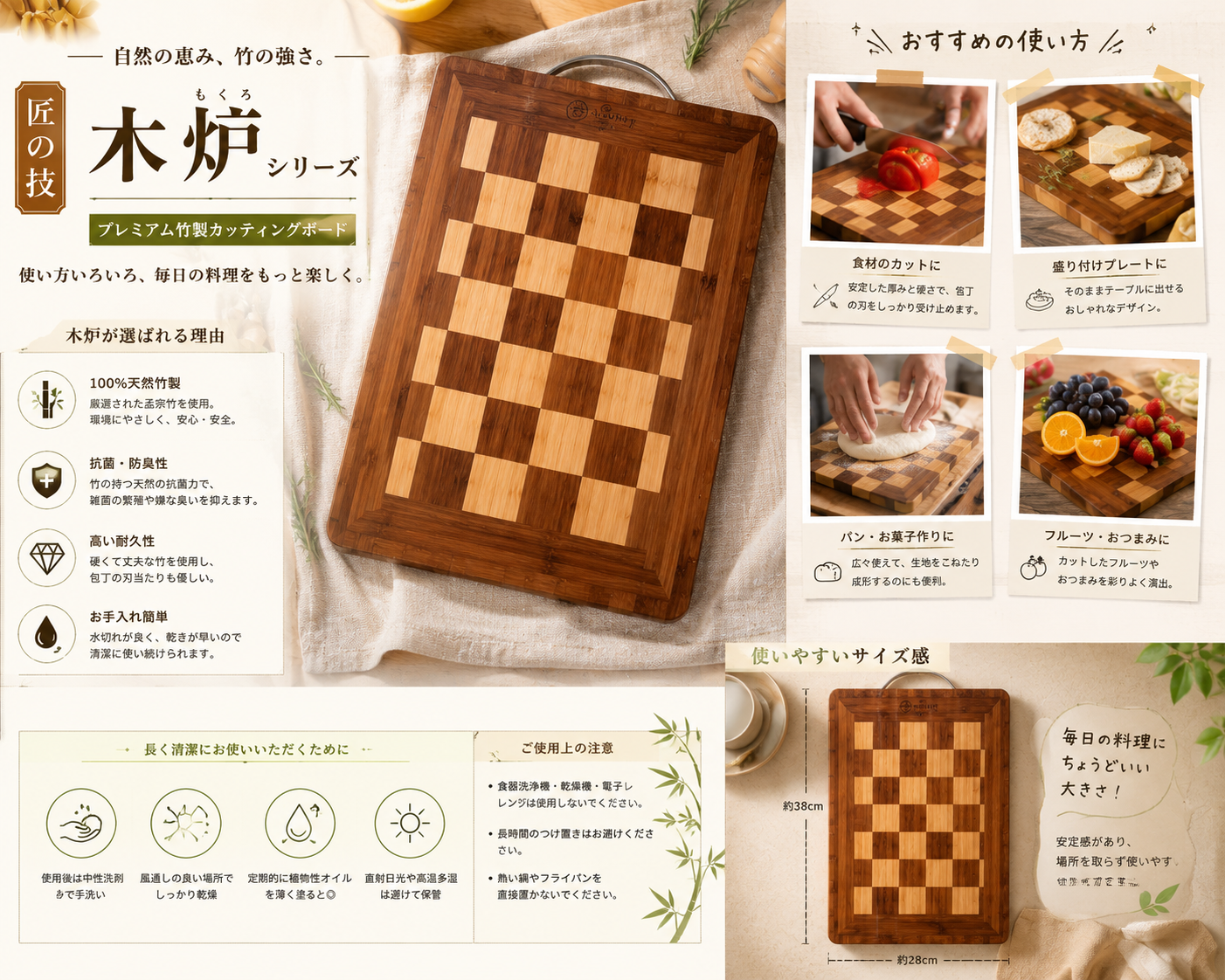 Thớt Tre Carbon Hóa MOKURO Premium Bamboo Series NH-01 – Sang Trọng, Bền Bỉ Chuẩn Nhật Bản